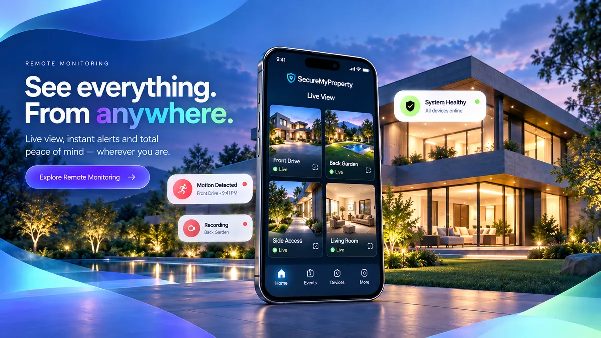 SecureMyProperty app showing four live camera feeds outside a modern home at dusk